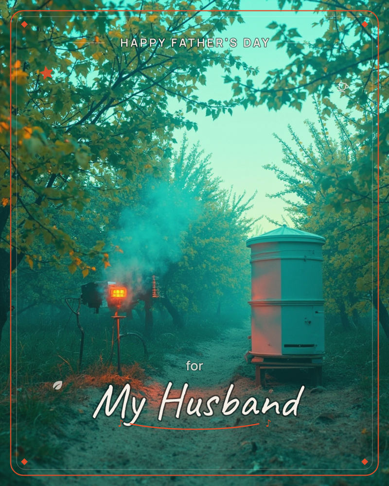 A quiet orchard path at dusk, lined with leafy trees glowing teal in the fading light, a fathersday e-card design