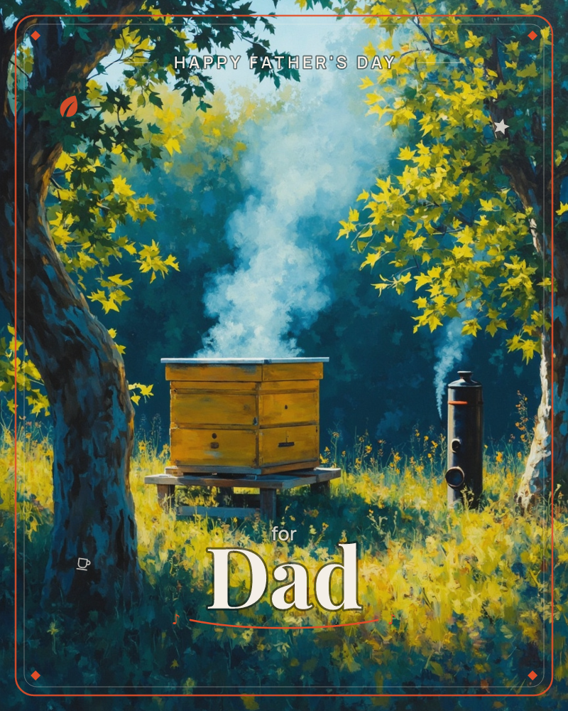 A wooden beehive sits on a low stand in a sunlit clearing between two dark, leafy trees, with a beekeeper's smoker nearby sending up a soft plume of…, a fathersday e-card design