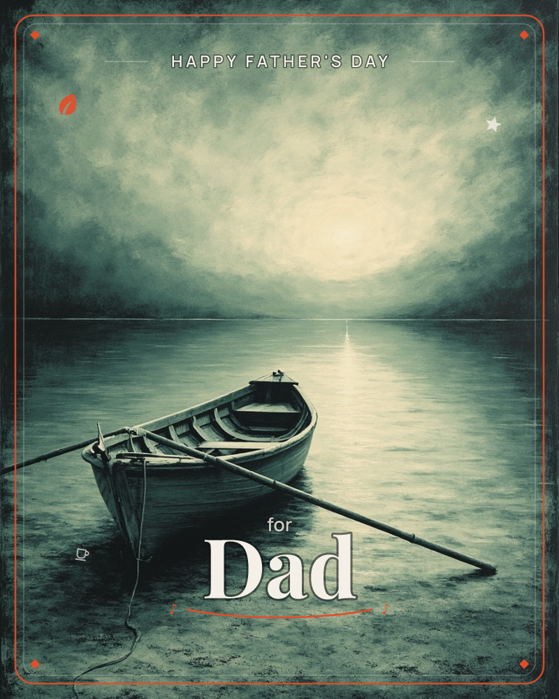 An empty rowboat drifts on still, dark water beneath a glowing, hazy moon or sun that casts a pale reflection across the surface, a fathersday e-card design