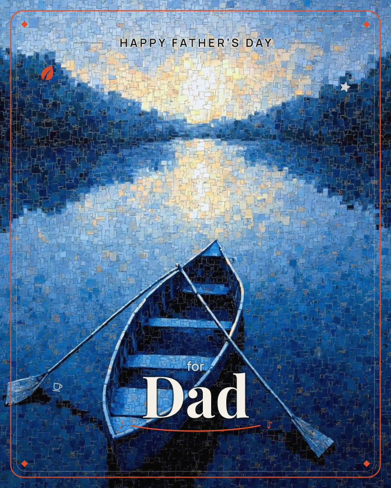 An empty rowboat with crossed oars drifts on a still river at dusk, the whole image built from small mosaic-like tiles of blue and gold, a fathersday e-card design