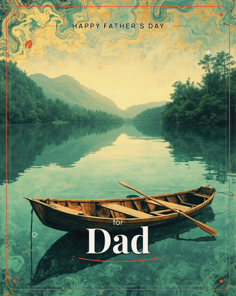 An empty wooden rowboat with crossed oars drifts on a glassy, still lake, mirroring the misty mountains and pine-covered shores behind it, a fathersday e-card design