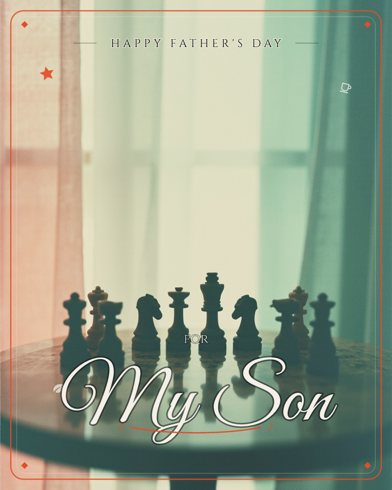 A full back row of chess pieces stands lined up on a small round table, silhouetted against a bright window framed by pink and teal curtains, a fathersday e-card design