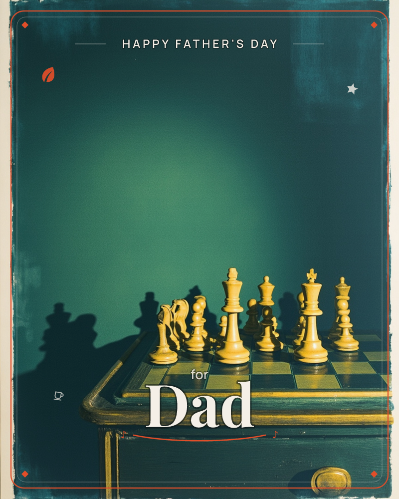 A row of golden wooden chess pieces stands assembled on a small board balanced on the corner of a painted wooden chest, dramatic side lighting throwing…, a fathersday e-card design