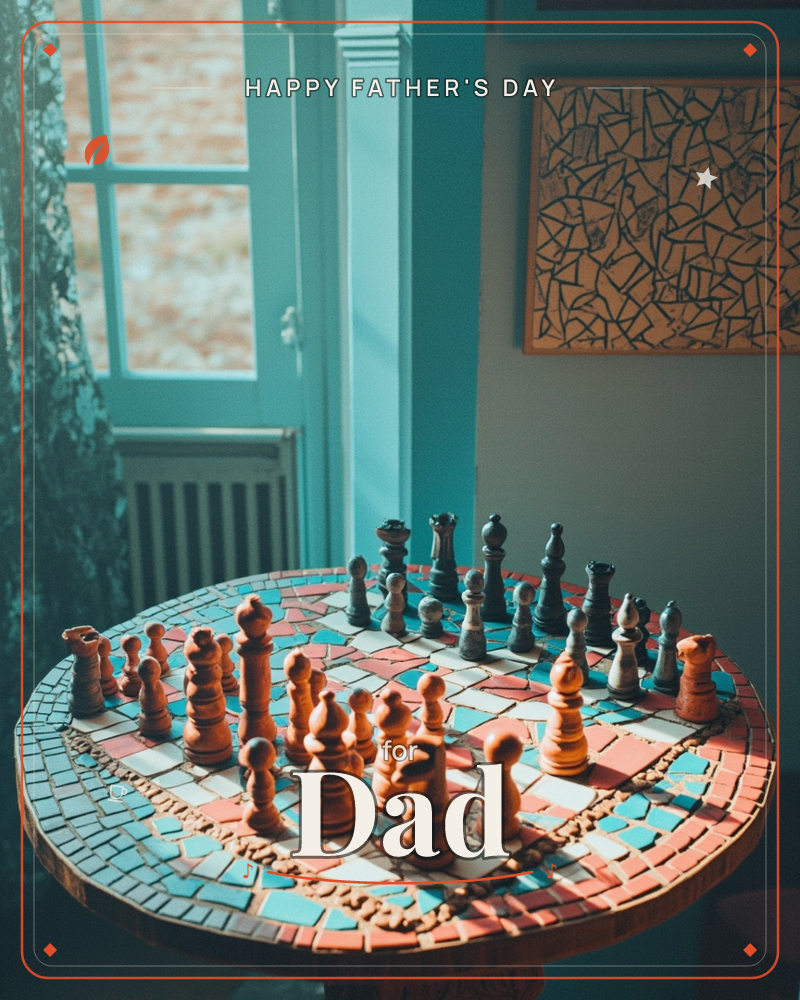 A round mosaic-tiled table holds a wooden chess set fully arranged for play, black and terracotta pieces facing off across a patchwork of turquoise…, a fathersday e-card design