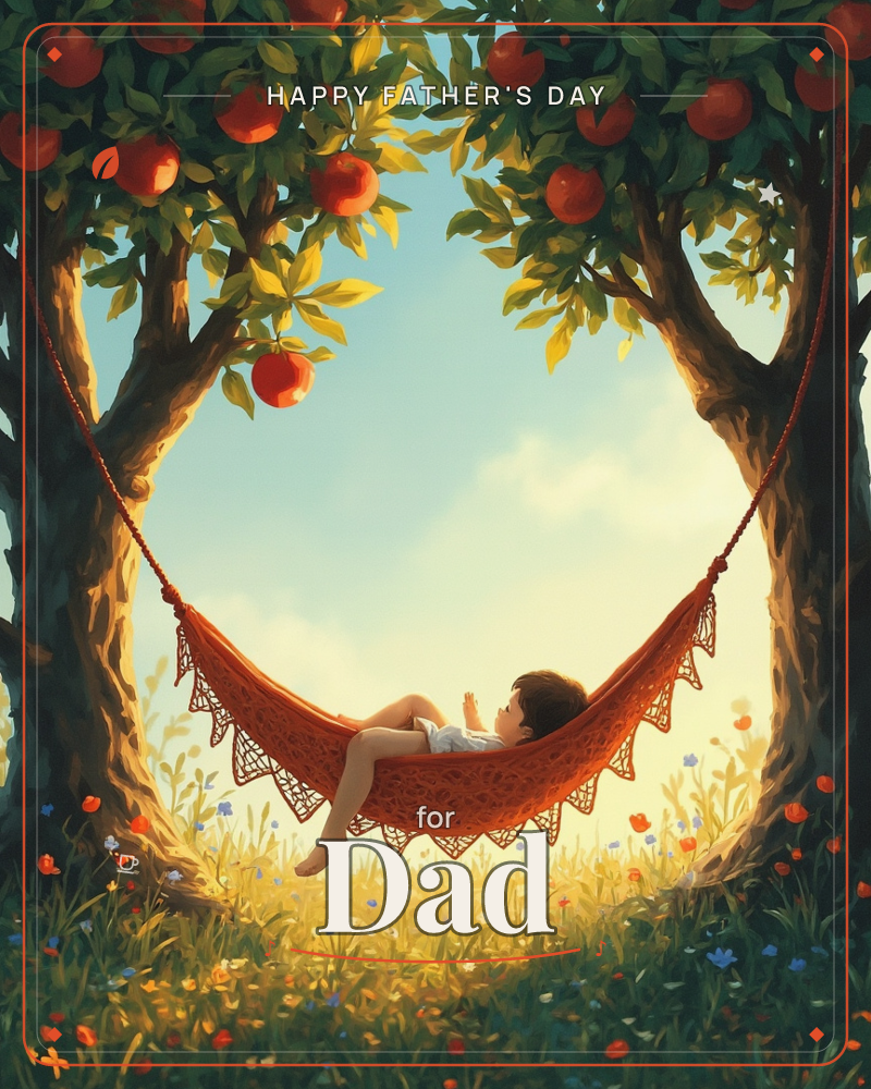 A child lies curled up in a lace-fringed hammock strung between two apple trees heavy with red fruit, hands clasped near their chin as they nap, a fathersday e-card design