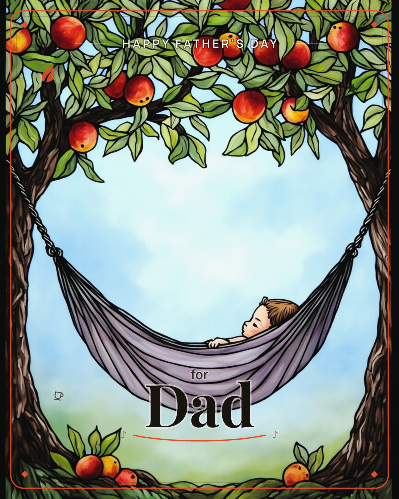 A child rests in a grey hammock strung between two apple trees heavy with ripe red fruit, their arms folded over the edge as they gaze out at the sky, a fathersday e-card design