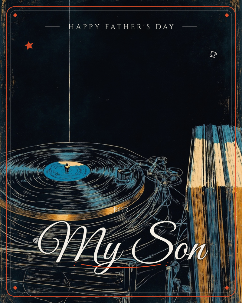A vinyl record spins on a turntable rendered in scratchy woodcut-style lines, its blue label catching a single spotlight against a near-black background, a fathersday e-card design