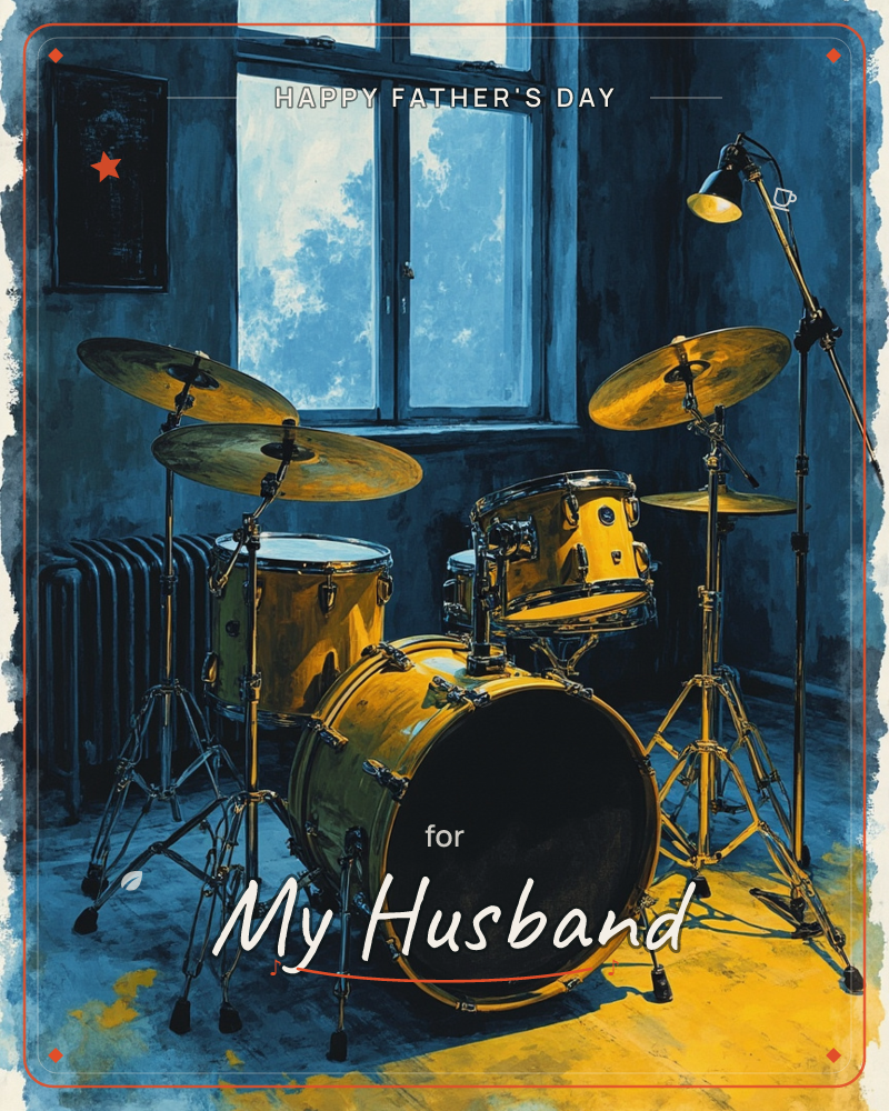 A gleaming gold drum kit sits alone in a shadowy blue room, lit by a tall lamp and the pale glow of a window behind it, a fathersday e-card design