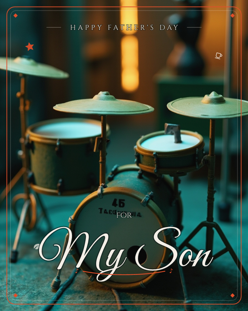 A miniature drum kit sits under moody teal light, its brass fittings catching a warm amber glow from a doorway in the background, a fathersday e-card design