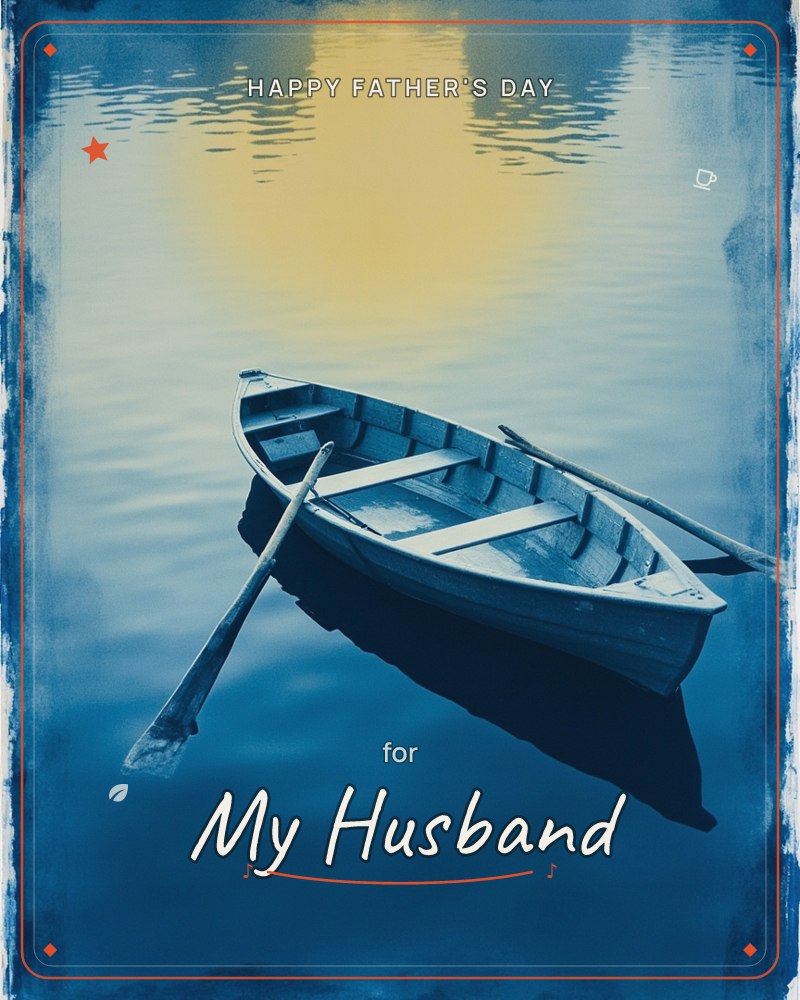 An empty wooden rowboat drifts on still water, its oars resting loose in the locks, as a warm golden light pools on the surface behind it like a low…, a fathersday e-card design