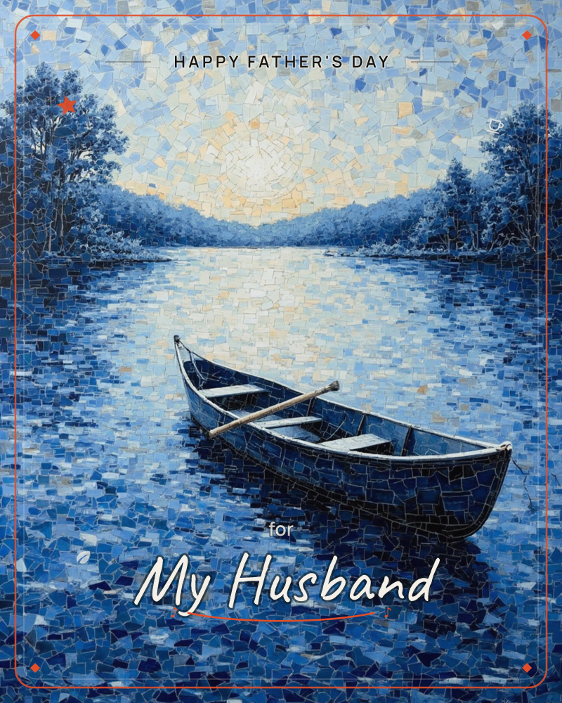 An empty rowboat drifts on a still lake at dawn, its single oar resting across the seats, rendered entirely in a mosaic of small tessellated tiles, a fathersday e-card design