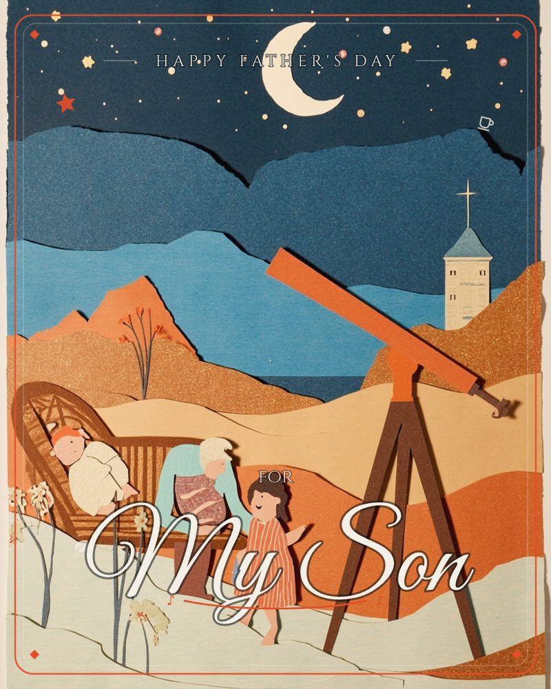 A paper-cut collage shows a woman and a small child standing beside a large orange telescope on a dune, with a baby dozing in a woven basket nearby, a fathersday e-card design