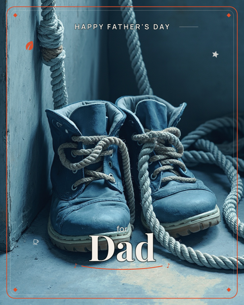 A pair of weathered blue leather boots sits in a shadowy corner, their laces tangled with thick coiled rope that spills across the floor and hangs from…, a fathersday e-card design