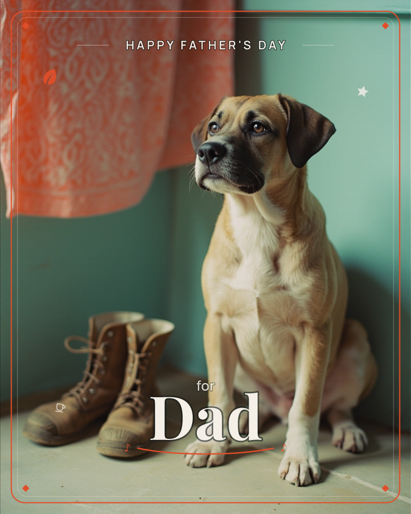 A tan dog sits patiently beside a pair of worn leather boots, gazing upward toward something out of frame, with a coral patterned curtain draped in…, a fathersday e-card design