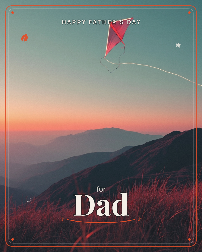 A red diamond kite floats high above a mountain ridge at dusk, its long tail curling against a sky fading from teal to deep orange, a fathersday e-card design