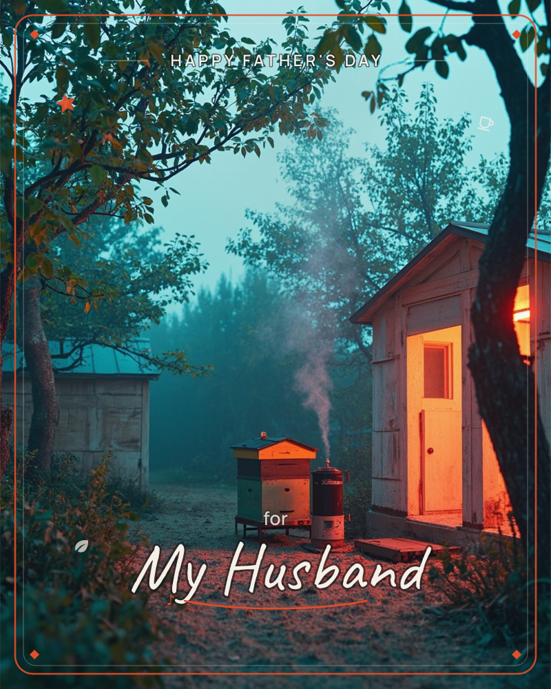 A misty blue dusk settles over a rural yard, where a small wooden shed glows warm orange from its open doorway and a lantern beside it, a fathersday e-card design