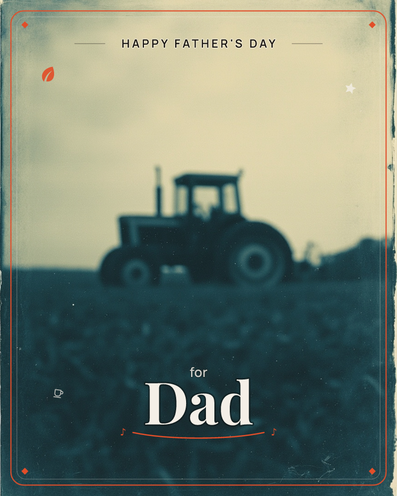A tractor stands alone in a field at dusk, its shape softened into silhouette against a pale, fading sky, a fathersday e-card design