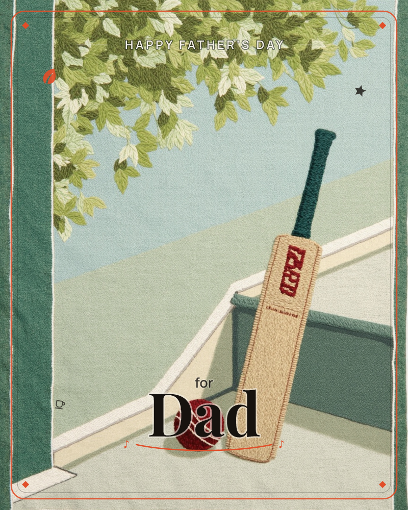A cricket bat leans against a pale bench with a red ball resting at its foot, framed by a green-striped awning and overhanging leaves against a soft…, a fathersday e-card design