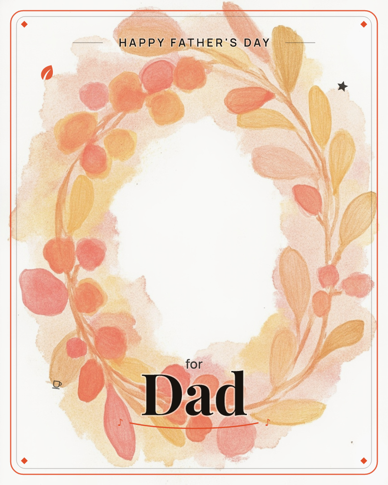 A loose watercolour wreath of golden leaves and coral berries circles an empty white centre, with a soft peach wash blooming outward like sunlight…, a fathersday e-card design
