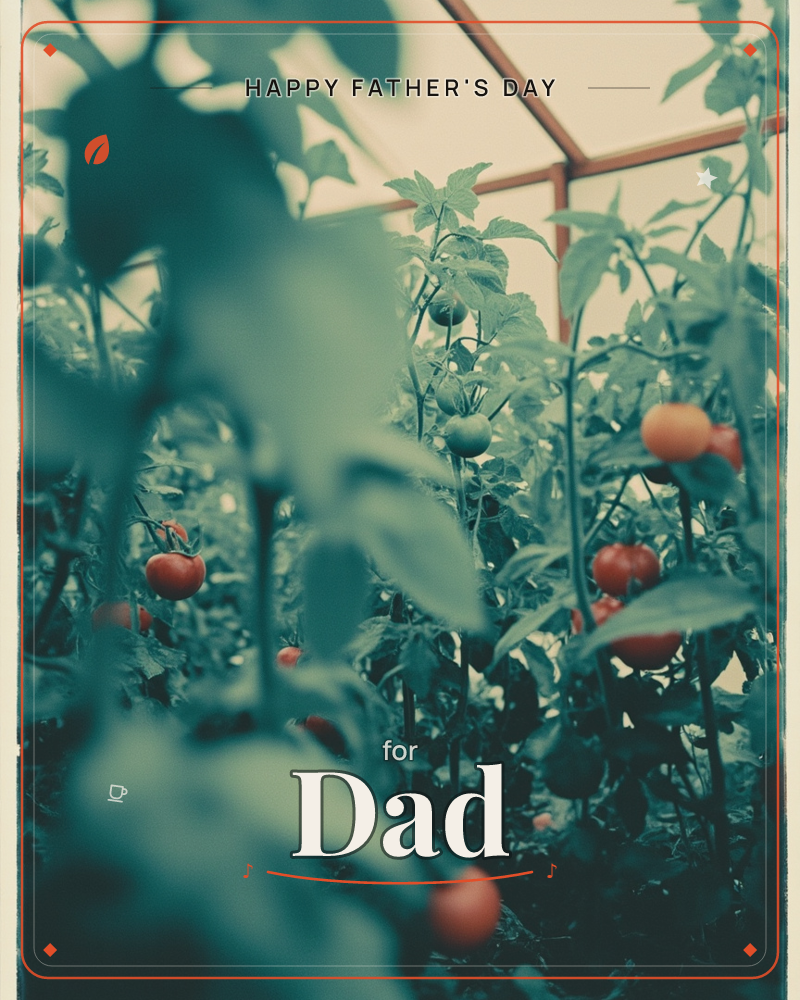 A greenhouse interior is dense with tomato vines, their leaves layered in soft focus toward the camera while ripening fruit glows red and orange deeper…, a fathersday e-card design
