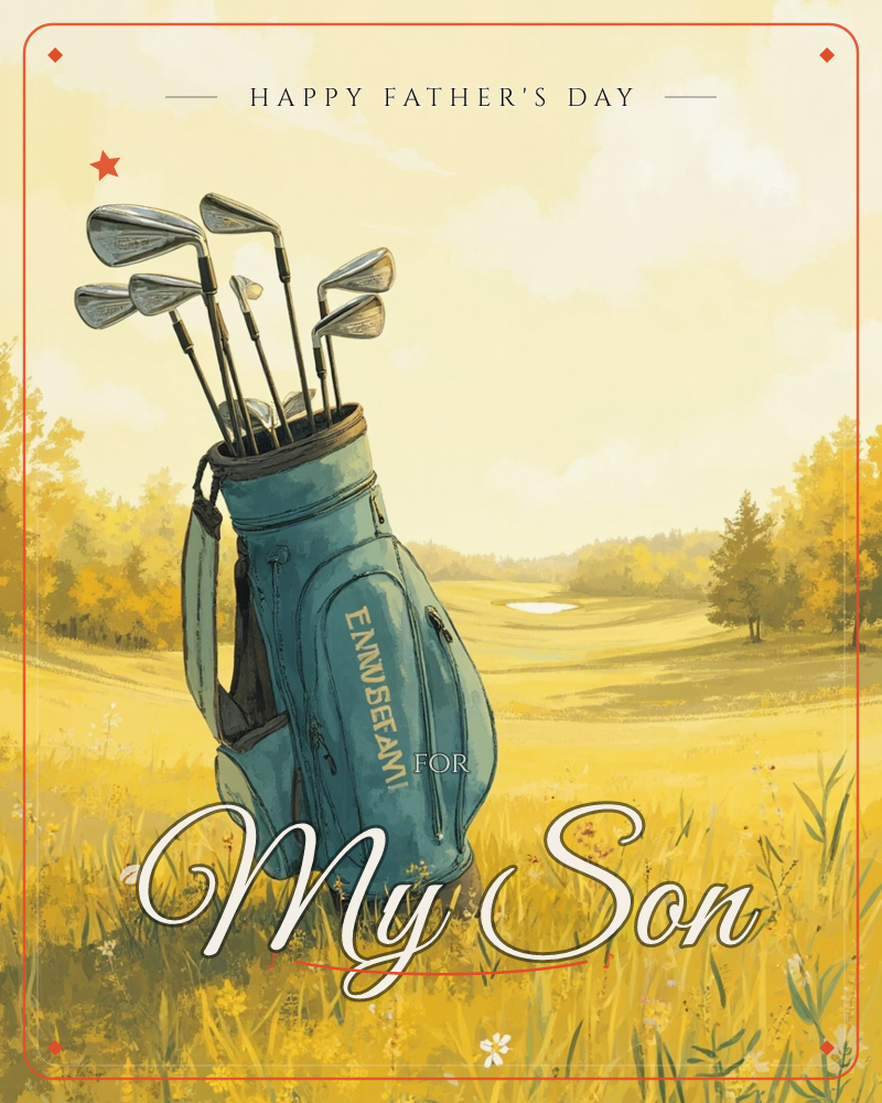 A weathered teal golf bag stands upright in tall rough grass, its clubs catching the light against a golden fairway, a fathersday e-card design