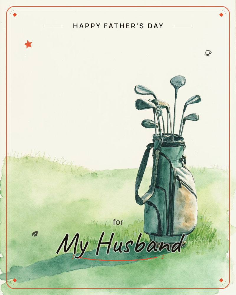 A watercolour golf bag stands upright on a sunlit patch of grass, its cluster of clubs fanned out against a pale, open sky, a fathersday e-card design