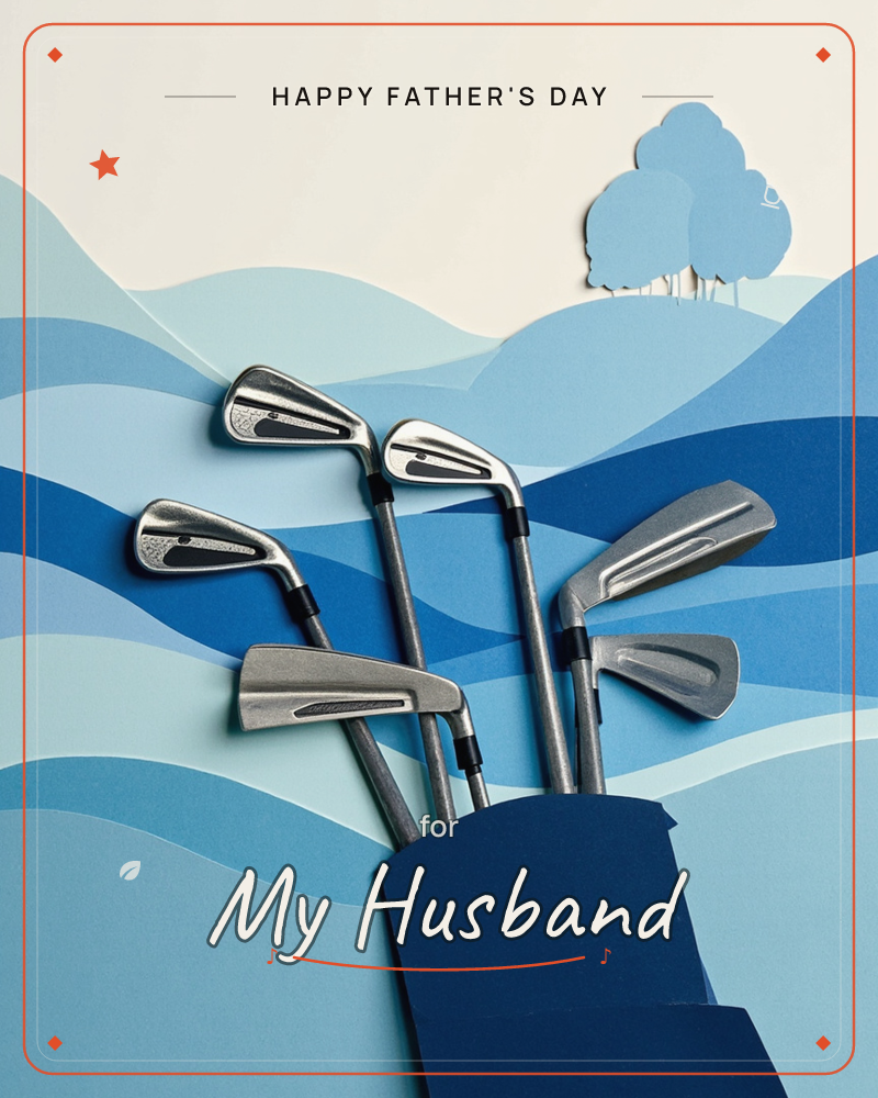 A cluster of golf club irons stands upright in a navy paper bag, set against a layered paper-cut landscape of rolling blue hills and a pale sky, with…, a fathersday e-card design