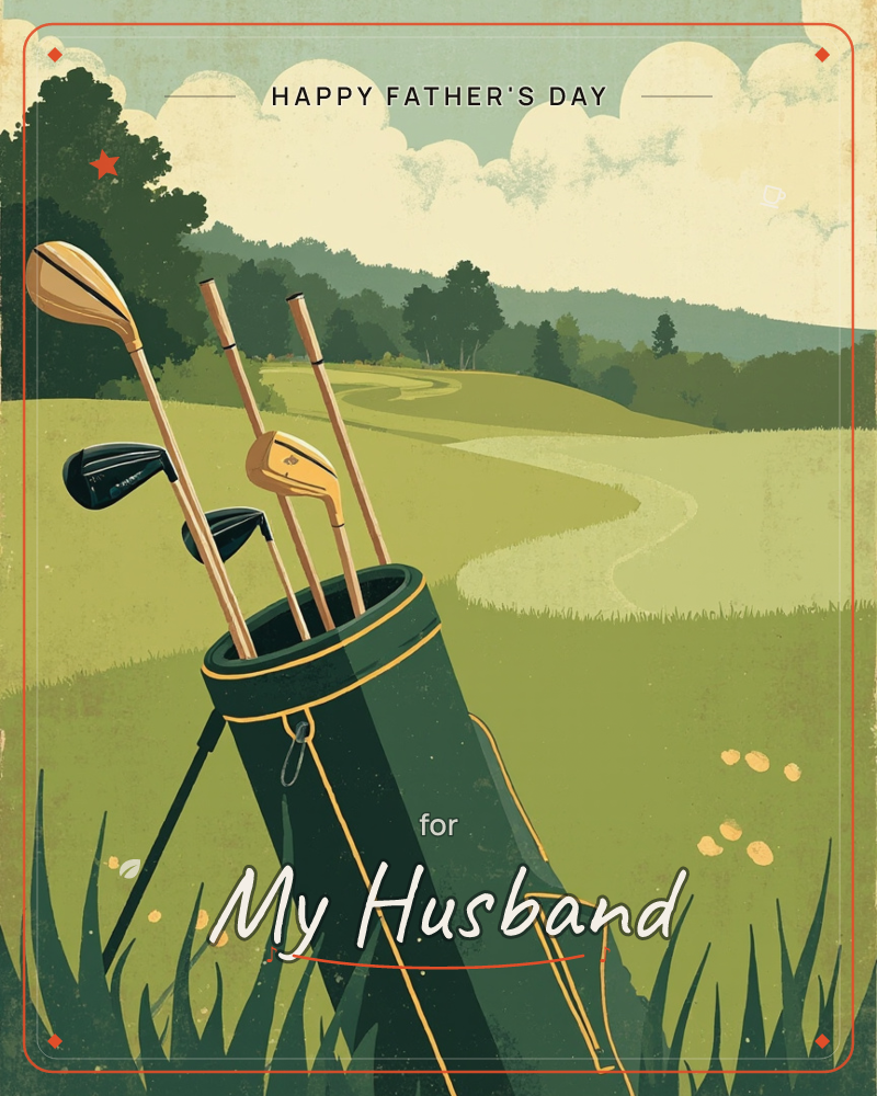 A dark green golf bag stands in tall grass at the edge of a fairway, its clubs fanned out against a soft sky of piled clouds, a fathersday e-card design