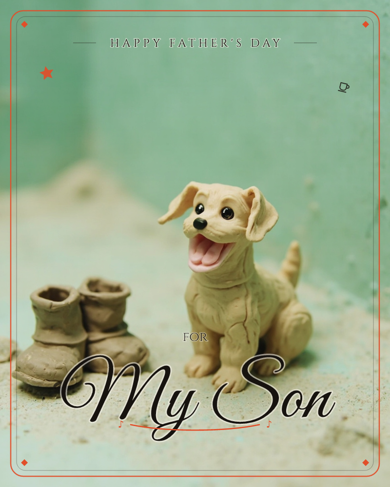 A small clay puppy sits on a sandy surface, mouth open in a happy grin, beside a pair of tiny handmade clay boots, a fathersday e-card design