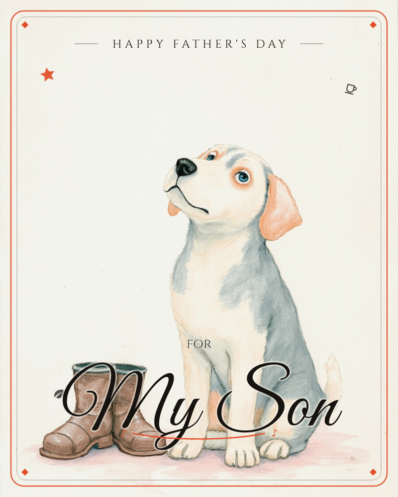 A puppy with grey and tan patches sits upright on a plain cream background, gazing hopefully upward with wide blue eyes, a fathersday e-card design