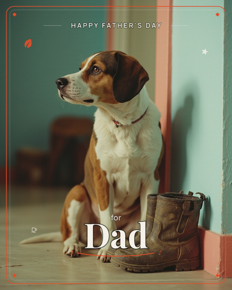 A brown and white hound sits patiently beside a doorway, watching something off to the side, with a pair of worn leather boots parked next to it on the…, a fathersday e-card design