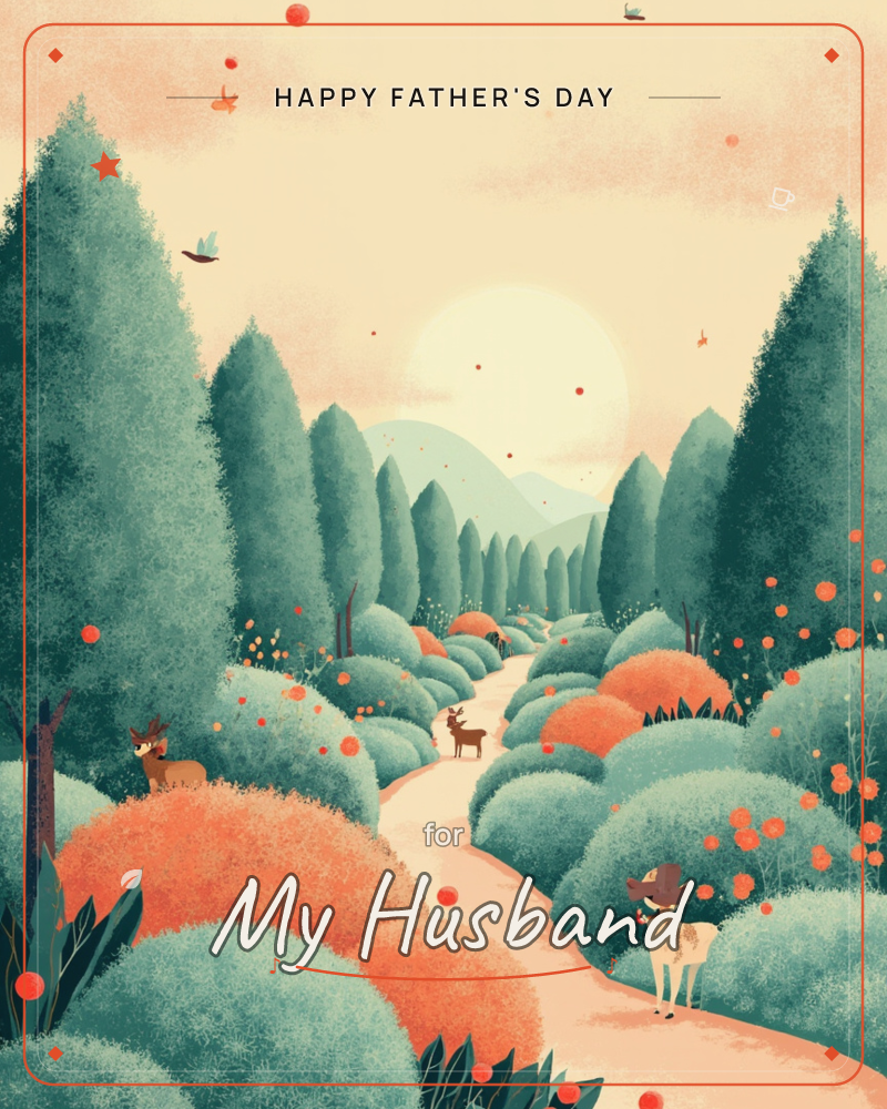 A winding path curves through a stylised forest of tall teal pines and rounded orange shrubs, leading toward a pale glowing sun and soft blue hills, a fathersday e-card design