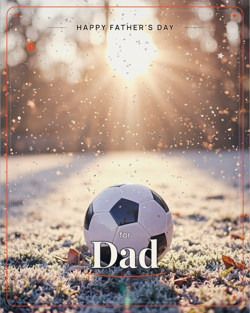 A classic black-and-white football rests on frost-covered grass, backlit by a low winter sun breaking through bare trees, a fathersday e-card design
