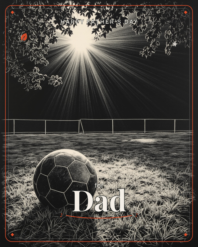 A soccer ball rests alone in tall grass on a shadowed field, framed by a distant fence and goalpost, a fathersday e-card design