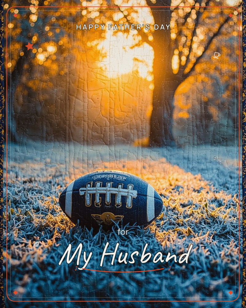 A navy and white football rests on frost-covered grass as a golden sunrise breaks through bare trees behind it, a fathersday e-card design