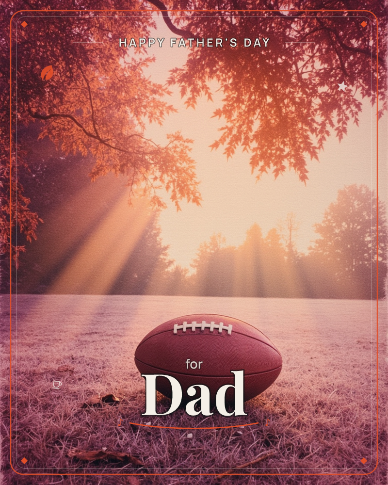 A worn leather football rests alone on frosty autumn grass beneath an overhanging tree with rust-colored leaves, a fathersday e-card design