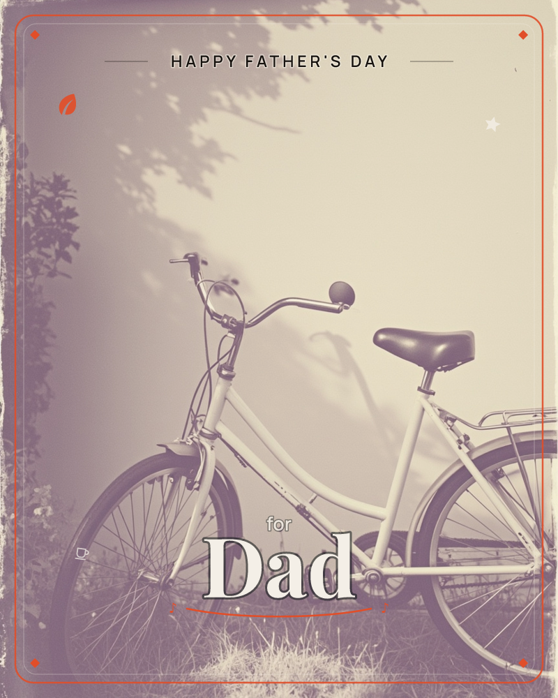 A vintage-style photograph of a classic cream bicycle parked in tall grass beside a leafy bush, its leather saddle and rear rack catching soft, hazy light, a fathersday e-card design