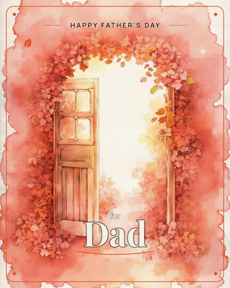 A wooden door stands open in an archway thick with autumn leaves, framing a glowing pale light beyond, a fathersday e-card design