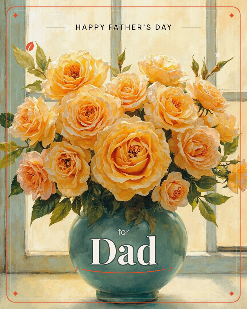 A round teal vase overflows with full-blown apricot roses, their petals catching warm light in front of a paned window, a fathersday e-card design