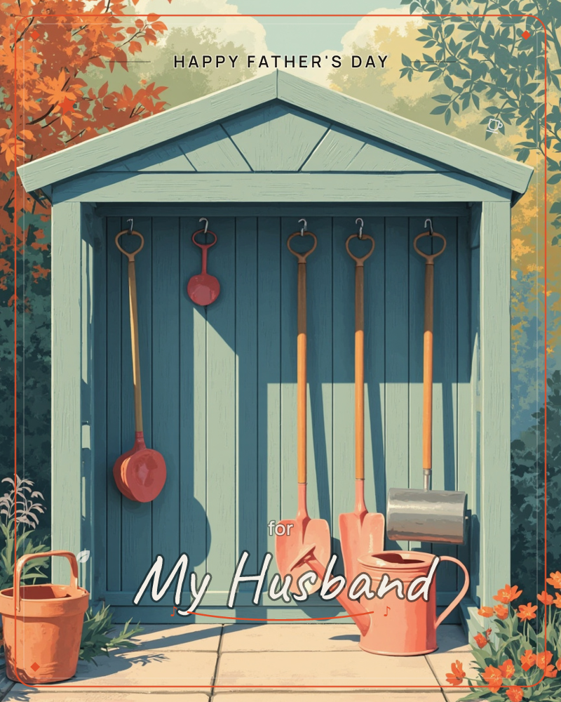 A pale sage-green garden shed stands open, its blue-grey back wall hung with tools on neat hooks: a long-handled spade, a smaller trowel, two full-size…, a fathersday e-card design