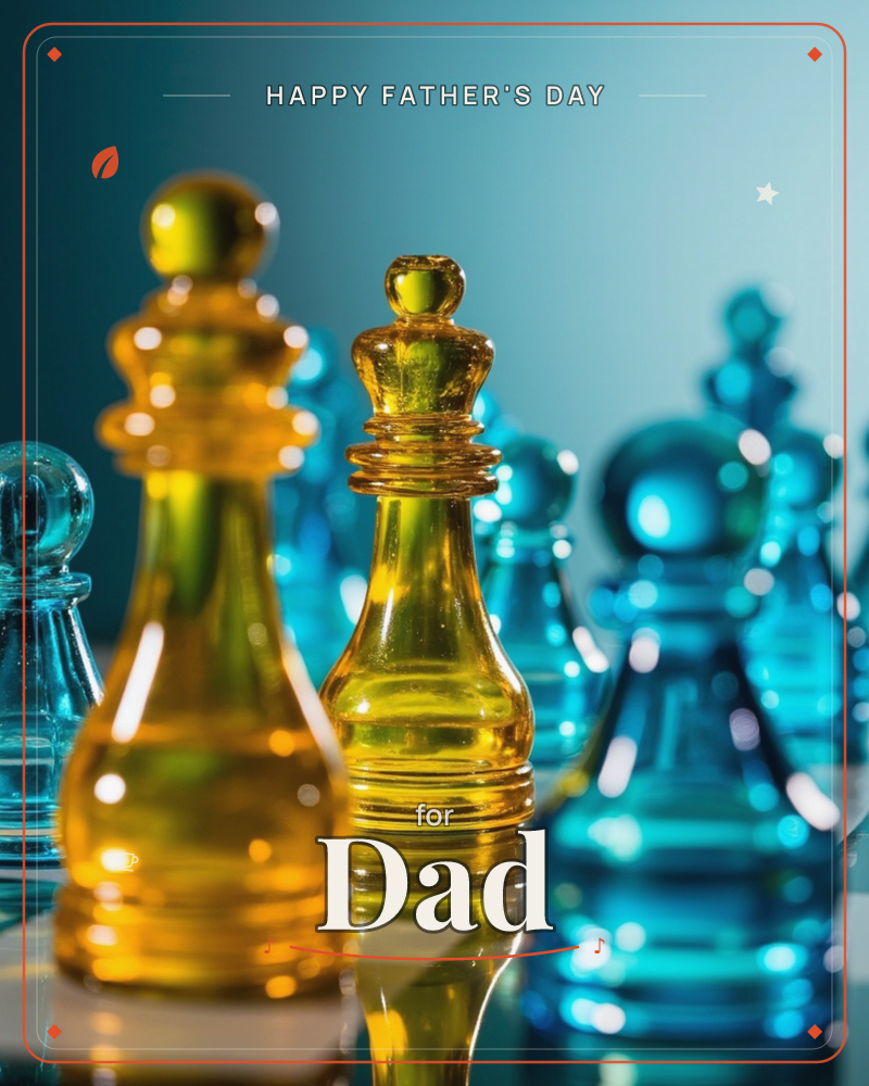 Glass chess pieces glow amber and teal on a mirrored surface, lit from behind so the pieces catch light like stained glass, a fathersday e-card design