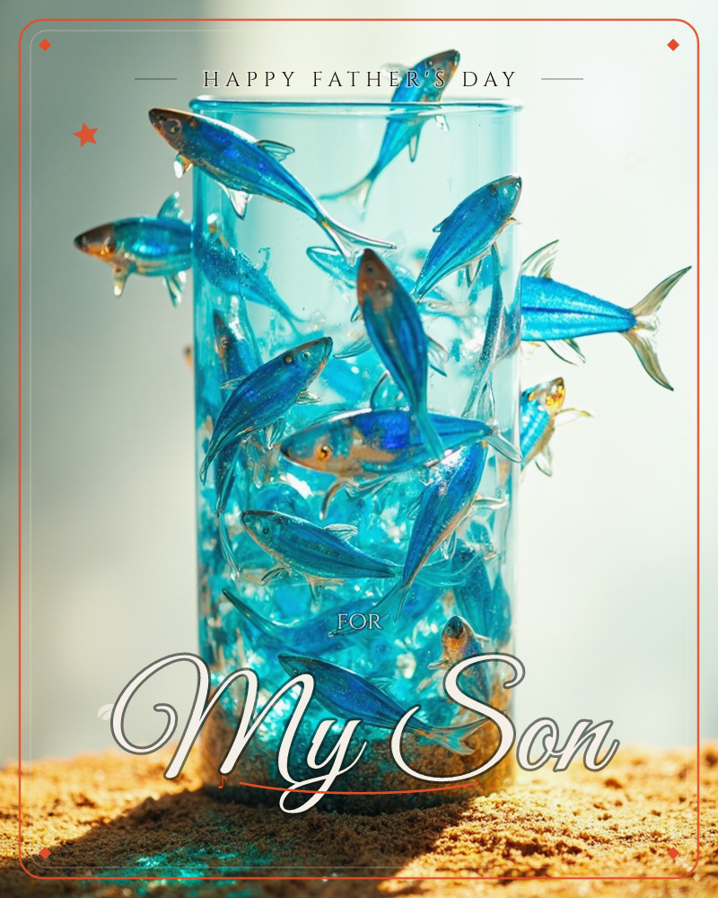 A tall glass cylinder appears to swim with a shoal of glossy blue glass fish, their fins flashing silver and amber where the light catches them, a fathersday e-card design