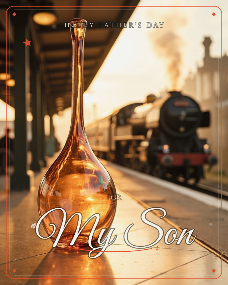 An amber glass bottle with a long, slender neck stands on a train platform, glowing in the golden light of sunset, a fathersday e-card design