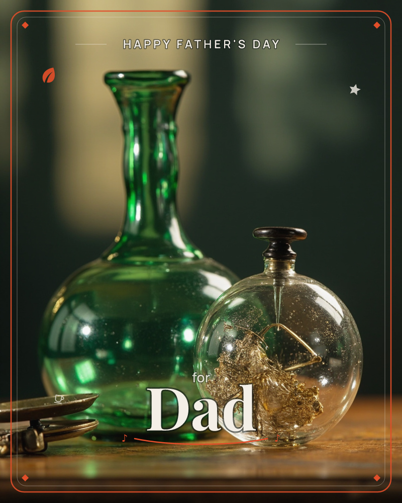 A tall green glass decanter stands beside a round crystal bottle holding a tangle of gold thread, both lit by a soft shaft of light against a dark…, a fathersday e-card design