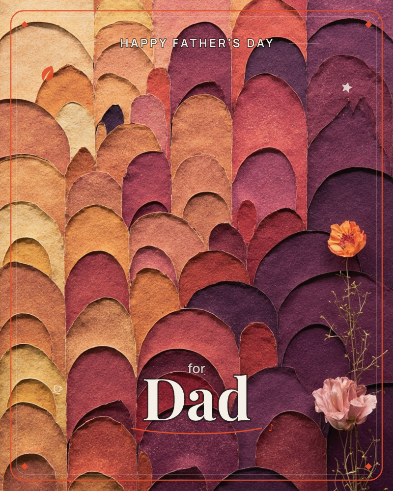 Layered arched shapes of torn and cut paper fan out in overlapping rows, shifting from pale cream and gold on the left through amber and rust to deep…, a fathersday e-card design