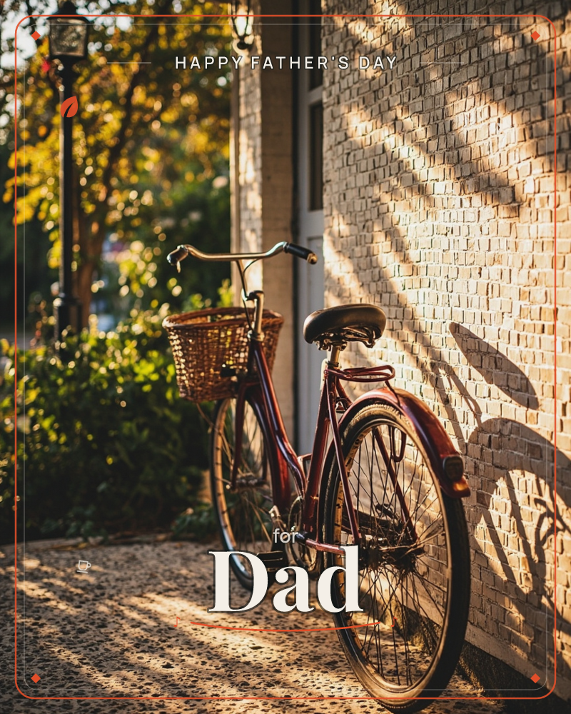 A vintage bicycle with a woven basket leans against a sunlit brick wall, its shadow stretched long across the bricks, a fathersday e-card design