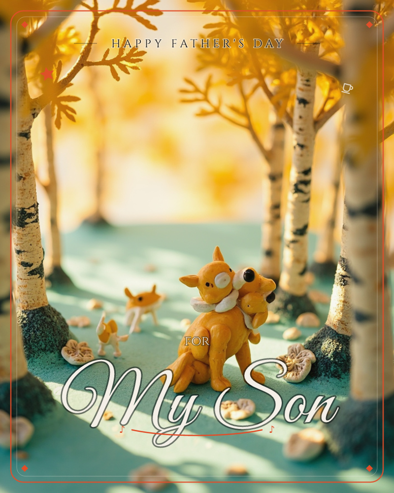 A miniature clay diorama shows a golden fox-like creature carrying a small pup in its mouth, standing among tall birch trees with glowing amber leaves, a fathersday e-card design