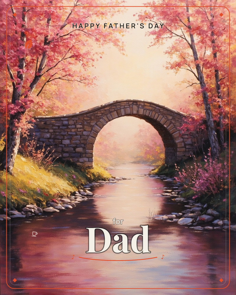 An old stone arch bridge spans a quiet stream, its reflection forming a perfect circle in the glassy water below, a fathersday e-card design