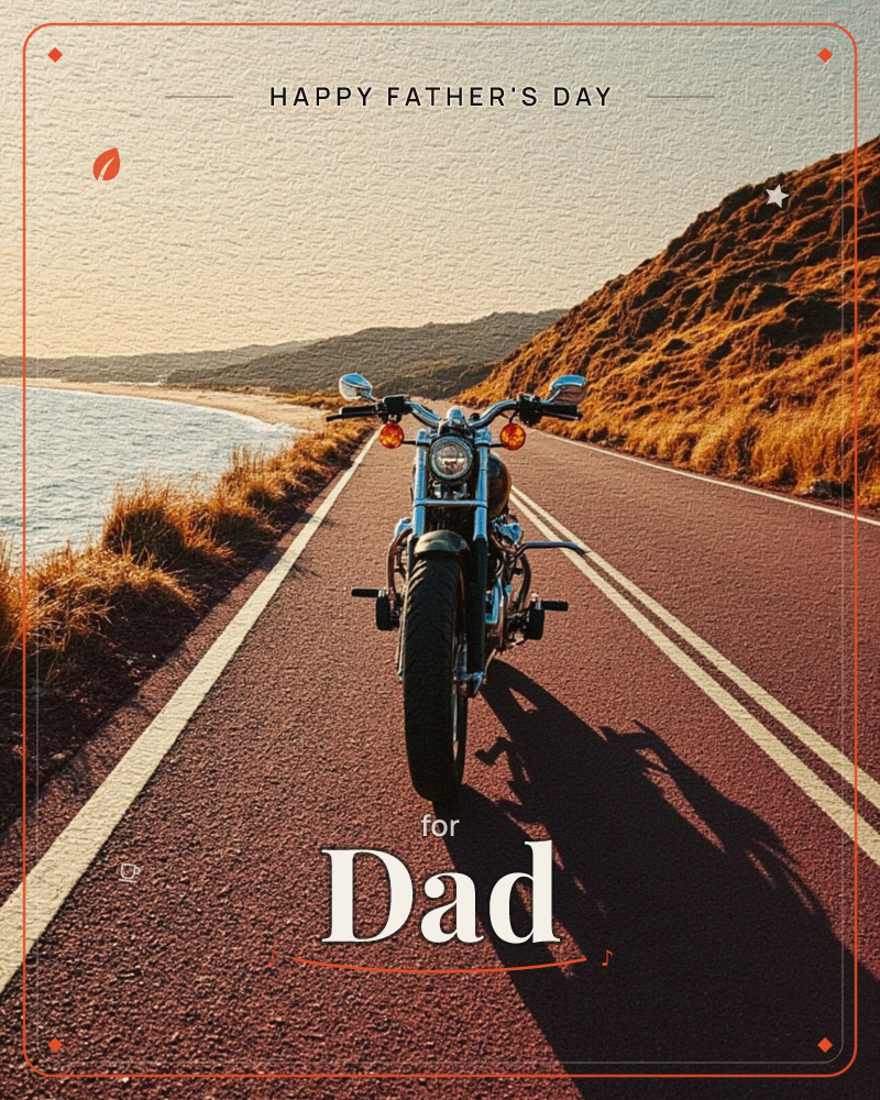A motorcycle stands parked head-on in the middle of an empty coastal road, its long shadow stretching across the double yellow lines, a fathersday e-card design