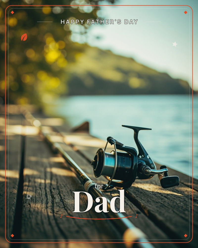 A fishing rod and spinning reel rest on the worn wooden planks of a dock, backlit by warm late-day sun, a fathersday e-card design